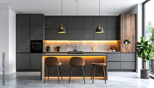 A modern kitchen showcases grey cabinetry with a central island and warm ambient lighting. A large window brings natural light