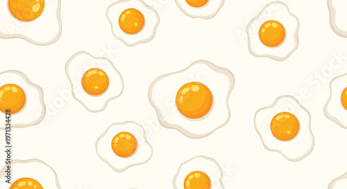 Fun and modern seamless pattern featuring realistic sunny side up fried eggs scattered on a cream background.