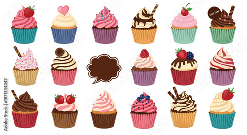 Delightful collection of fifteen assorted cupcakes with various frostings and toppings alongside a decorative speech bubble.