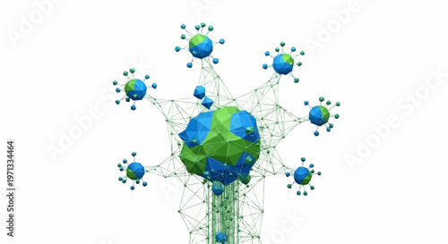 Abstract representation of global connectivity and interconnectedness with stylized Earth globes linked by a network.