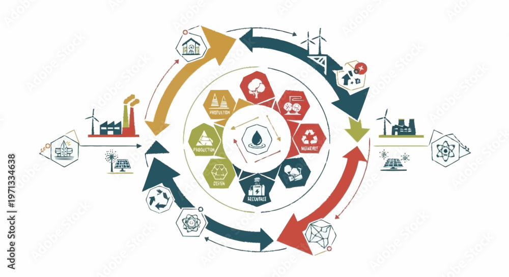 Fototapeta premium Circular economy diagram illustrating sustainable resource management and industrial processes.