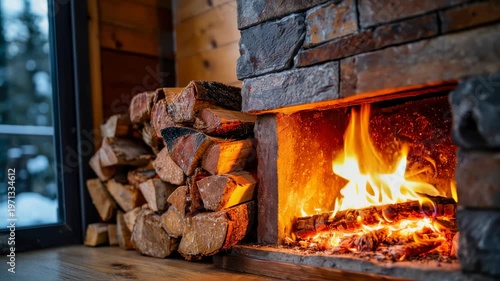 Cozy indoor fireplace with burning logs and stacked firewood in a warm rustic home interior