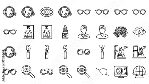 Minimal optometry icon set featuring charts, glasses, and eye examinations