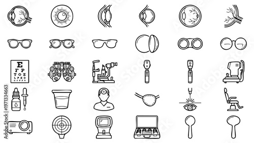 Minimal optometry icon set featuring charts, glasses, and eye examinations