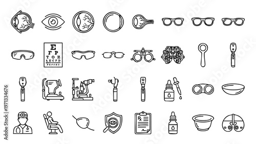 Minimal optometry icon set featuring charts, glasses, and eye examinations