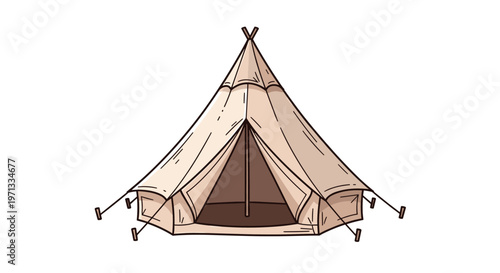 Classic canvas bell tent or teepee with an open entrance provides a comfortable camping shelter for outdoor adventures.