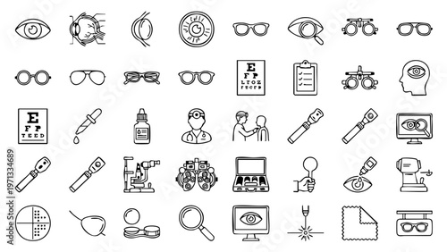Minimal optometry icon set featuring charts, glasses, and eye examinations
