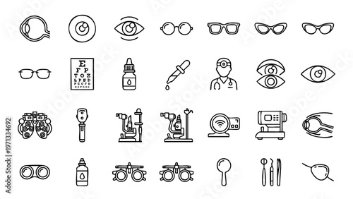 Minimal optometry icon set featuring charts, glasses, and eye examinations