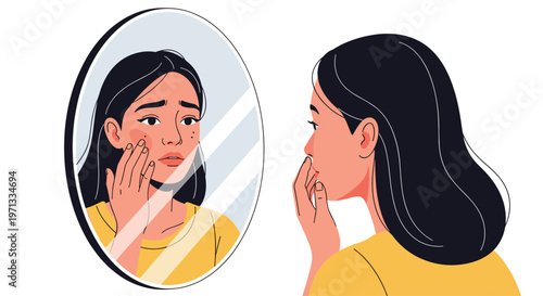 Young woman looking into a round mirror while touching her face and noticing skin blemishes or acne for a skincare and beauty concept.