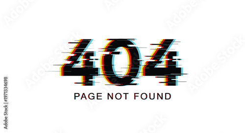 Creative 404 page not found error message featuring a colorful digital glitch effect on a clean white background.