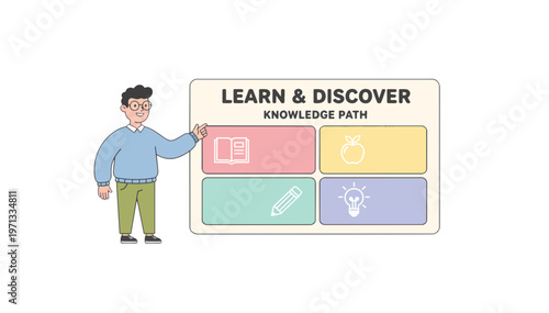 Teacher pointing at a knowledge path chart. Education and learning concept. Flat design vector illustration banner isolated on transparent background