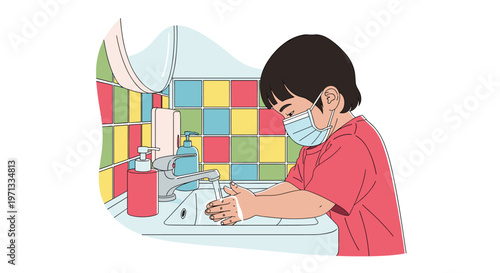 Young boy wearing a protective face mask while washing his hands at a bathroom sink with colorful tiles for hygiene.