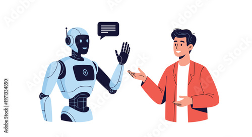 Futuristic illustration of a human man and a humanoid robot talking with a speech bubble symbol on white background.