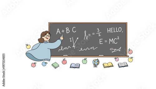 Female teacher writing math equations on chalkboard flat vector illustration. Education and science concept with books and apples. Isolated on transparent background
