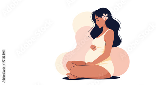 Peaceful illustration of a pregnant woman sitting in a cross-legged yoga pose and meditating with a soft background.