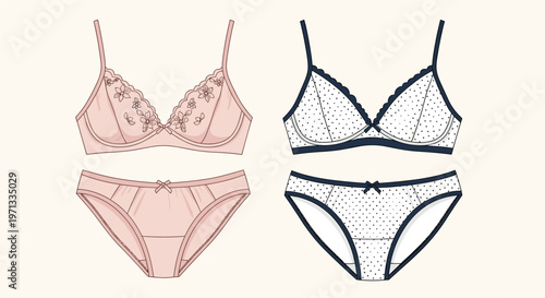 Feminine lingerie collection featuring a floral lace set and a simple polka dot pattern set in pink and navy.