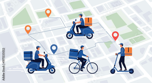 Delivery person tracking map showing couriers on scooters, bicycles, and e-scooters for efficient urban logistics service.
