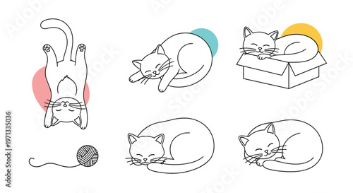 Cute cat sketches in various sleeping positions with a ball of yarn showing the cozy and lazy life of domestic pets.