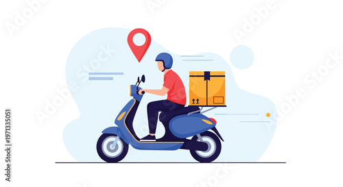 Delivery courier on a blue motor scooter carrying a package to a specific location marked by a red navigation pin symbol.