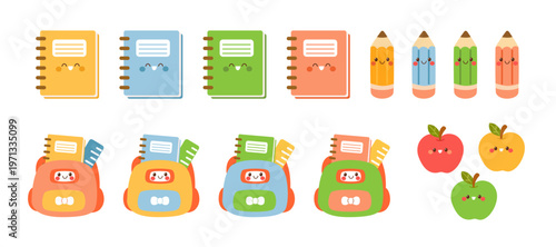 Cute back to school supplies collection with funny smiling faces. Kawaii cartoon stationery characters for kids education design.