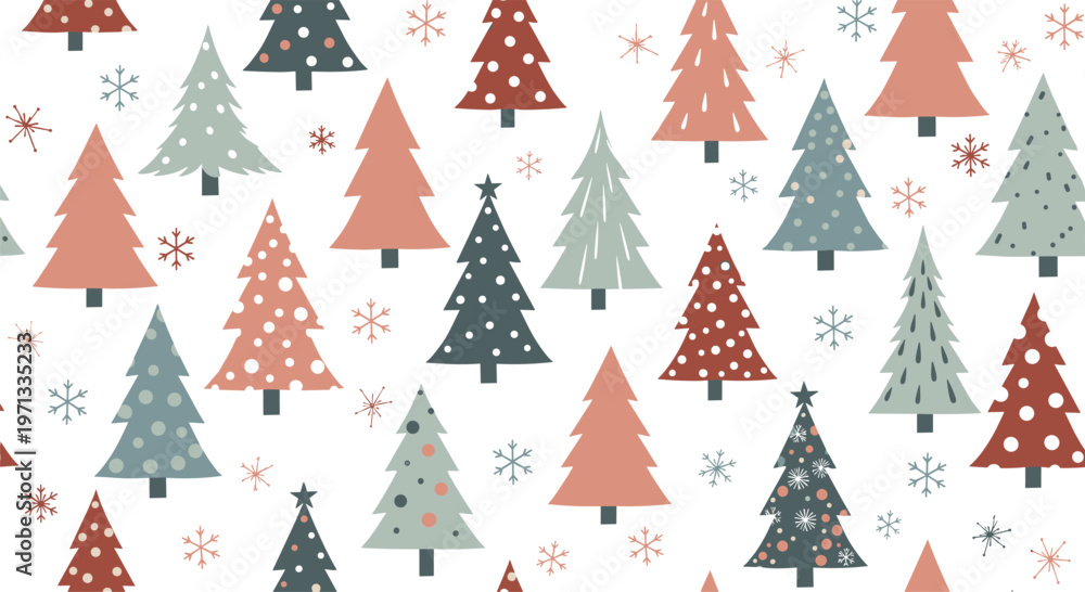 Obraz premium Seamless pattern with stylized Christmas trees in earth tones and delicate snowflakes on a clean white background for holiday wrapping paper.