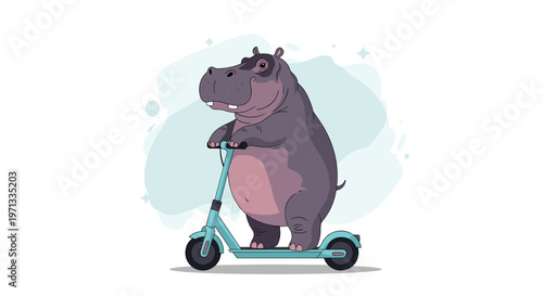 Humorous hippo riding a turquoise electric scooter provides a fun and quirky character design for various creative projects.