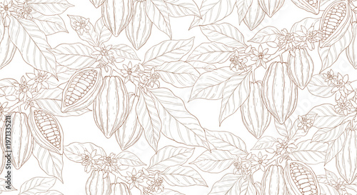 Hand-drawn seamless pattern featuring cocoa beans on branches with leaves and flowers in a brown line art style on a white background.
