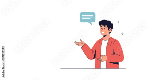 Young man in a red jacket gesturing and talking with a speech bubble above his head for communication and presentation.