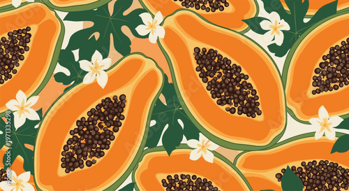 Tropical papaya fruit pattern with vibrant orange slices, black seeds, and white flowers among green leaves for a fresh look.