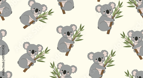 Adorable seamless pattern showcasing cute grey koalas clinging to eucalyptus branches on a light cream background for nursery themes.