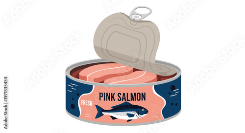 Canned pink salmon fillets in an open tin showing the high quality seafood product with a decorative graphic label.