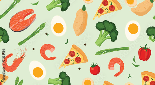 Seamless pattern of various healthy food ingredients including fresh salmon broccoli eggs shrimp parsnips and slices of pizza.