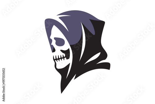 A stylized depiction of a grim reaper skull with a dark purple hooded cowl presented in a minimalist vector style on transparent background.