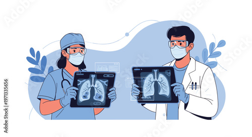 Medical doctors wearing masks and goggles examining chest X-ray images of lungs for diagnostic and healthcare purposes.