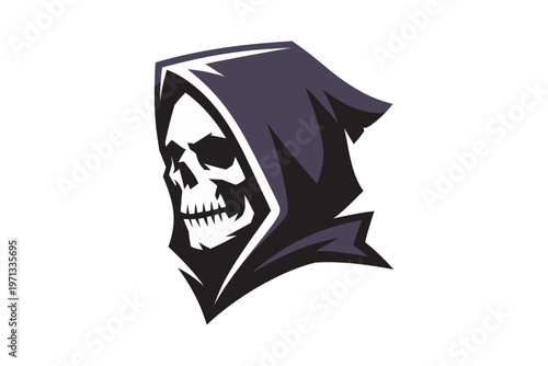 A stylized depiction of a grim reaper skull with a dark purple hooded cowl presented in a minimalist vector style on transparent background.