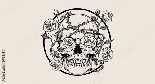 Edgy illustration of a human skull entwined with thorny rose vines and blooming roses inside a circular frame for gothic designs.