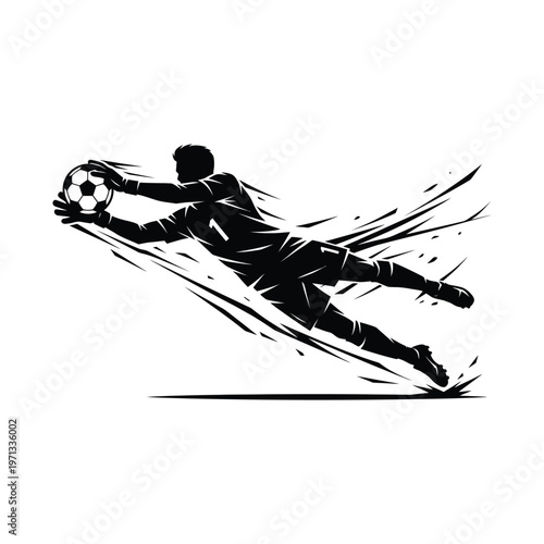Goalkeeper Diving to Save Soccer Ball Silhouette, Football Keeper Action Pose Vector Illustration