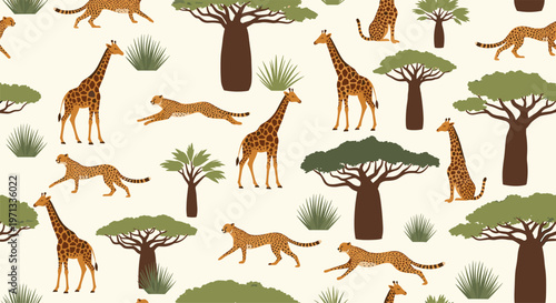 Seamless savanna pattern featuring giraffes, cheetahs, baobab trees, and bushes on a warm cream-colored background.