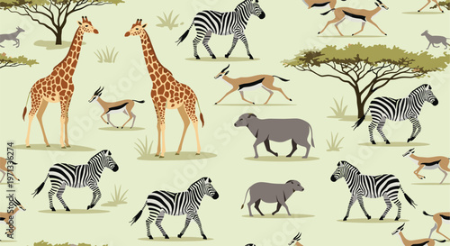 Seamless African wildlife pattern featuring giraffes, zebras, and gazelles wandering through a savanna landscape.