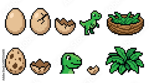 Pixelated dinosaur egg hatching into a baby dinosaur, nest of leaves
