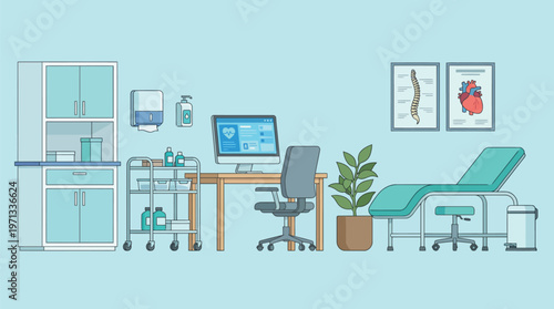An illustration of a medical examination room, showcasing essential equipment like a consultation bed and computer