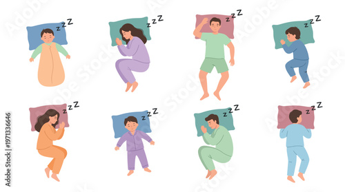 Diverse people in different sleeping positions with Zzz symbols above their heads, indicating they are in a deep sleep. Depicting a restful, peaceful, and intimate scene