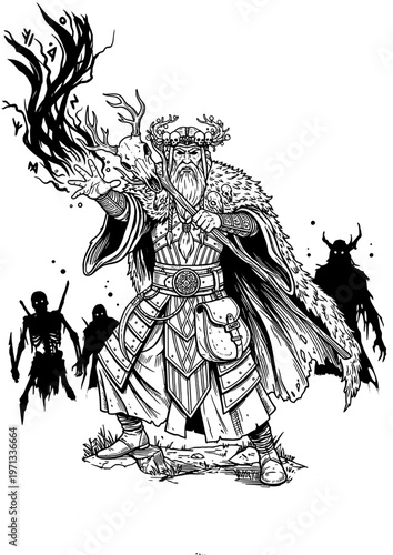 Dark Druid Necromancer Casting Shadow Magic with Staff – Undead Summoner Wizard, Fantasy Character Vector Line Art Illustration