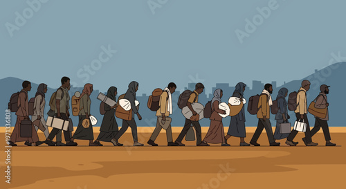 Group of refugees walking with luggage in a line, illustration