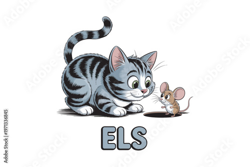 A charming cartoon illustration depicts a gray tabby cat playfully stalking a tiny brown mouse near a hole on transparent background.