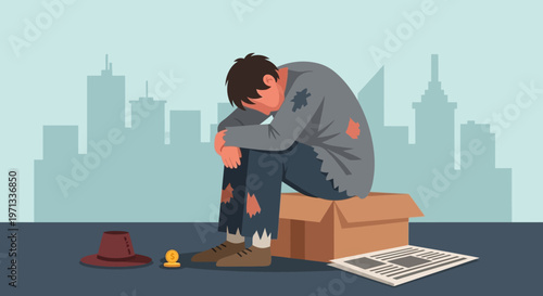 Homeless man sitting on cardboard box in city, despair and poverty concept