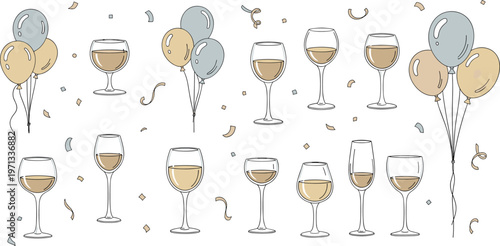 Elegant Celebration Set with Wine Glasses, Balloons, and Confetti for Festive Events, Parties, and Special Occasions in Soft Pastel Colors