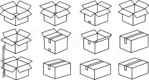 Opened and closed cardboard box. Vector illustration.