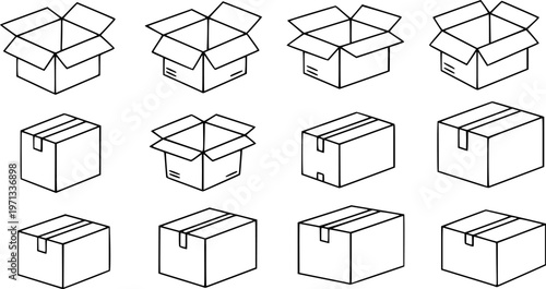 Opened and closed cardboard box. Vector illustration.