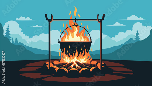 Large iron pot hangs over a bright orange campfire in a serene mountain forest landscape under a clear blue sky during camping.